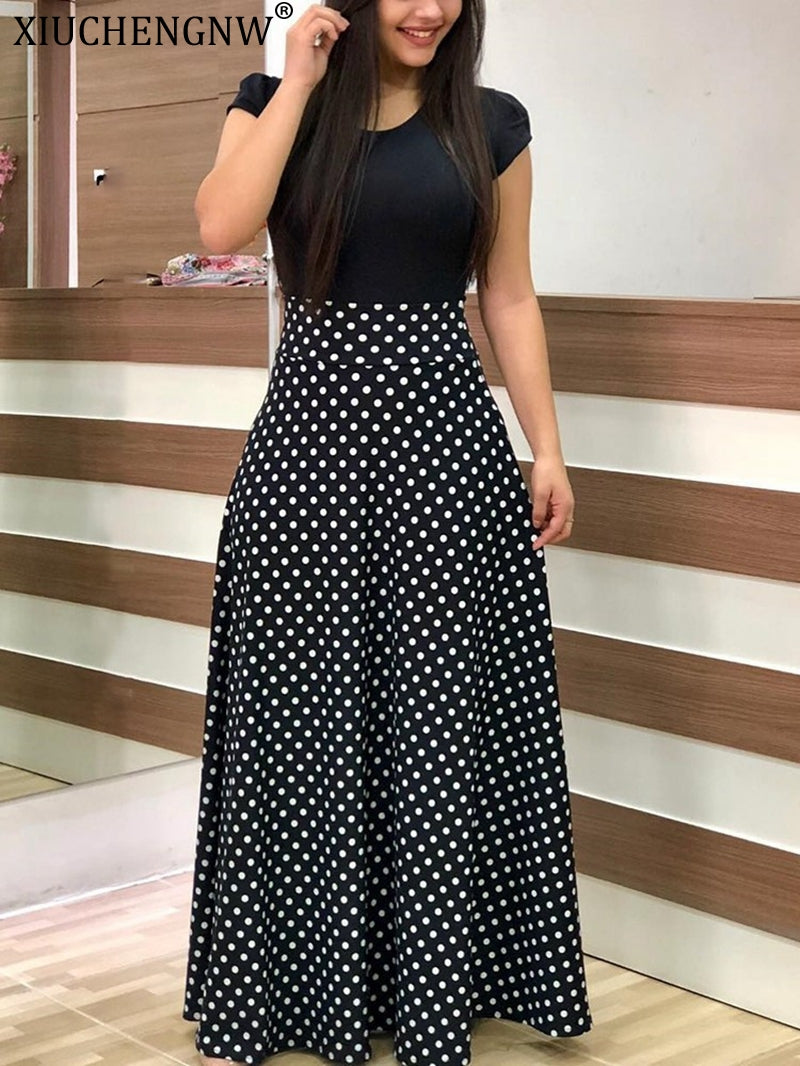 Drees women dots print maxi dress pleated Short sleeve female casual straight dresses chic ankle length Bow Summer Pink Clothes