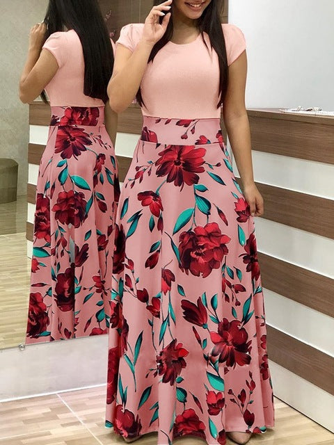 Drees women dots print maxi dress pleated Short sleeve female casual straight dresses chic ankle length Bow Summer Pink Clothes