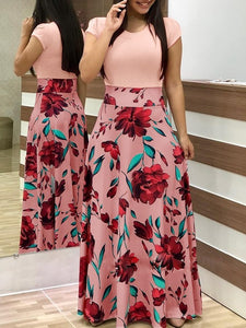 Drees women dots print maxi dress pleated Short sleeve female casual straight dresses chic ankle length Bow Summer Pink Clothes