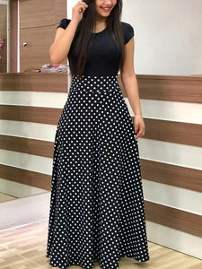 Drees women dots print maxi dress pleated Short sleeve female casual straight dresses chic ankle length Bow Summer Pink Clothes